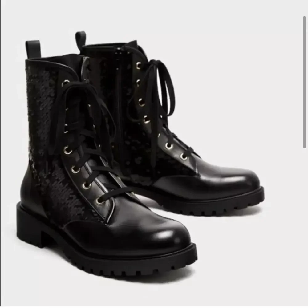 Zara Black Leather Sequined Lace Up Boots Size 6 US